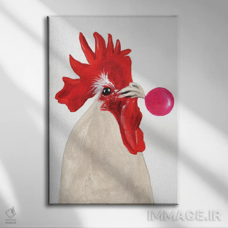 تابلو دکوراتیو خروس با آدامس بادکنکی اثر کوکو د پاریس - نمای روبهرو روی دیوار