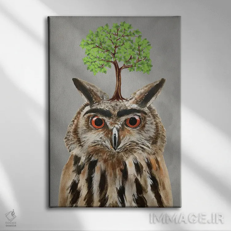 تابلو دکوراتیو جغد با یک درخت اثر کوکو د پاریس - نمای روبهرو روی دیوار