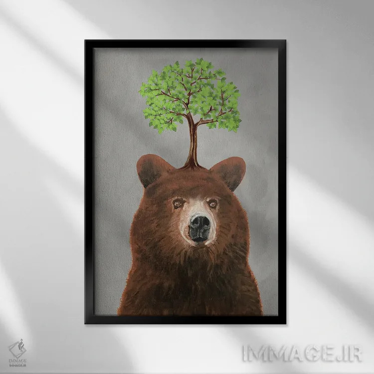 تابلو دکوراتیو خرس با یک درخت اثر کوکو د پاریس - نمای قابدار مشکی