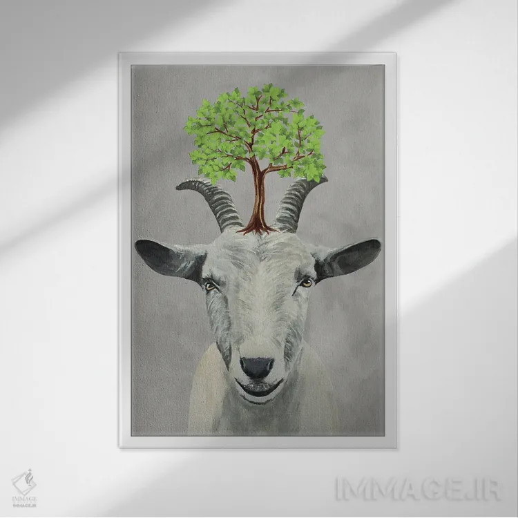 تابلو دکوراتیو بز با یک درخت اثر کوکو د پاریس - نمای قابدار سفید