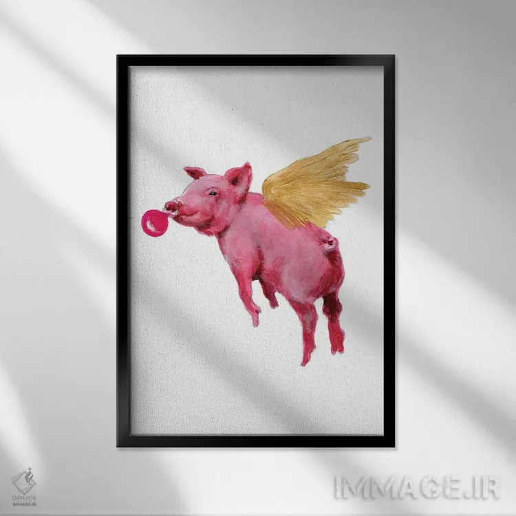 تابلو دکوراتیو خوک پرنده با آدامس بادکنکی اثر کوکو د پاریس - نمای قابدار مشکی