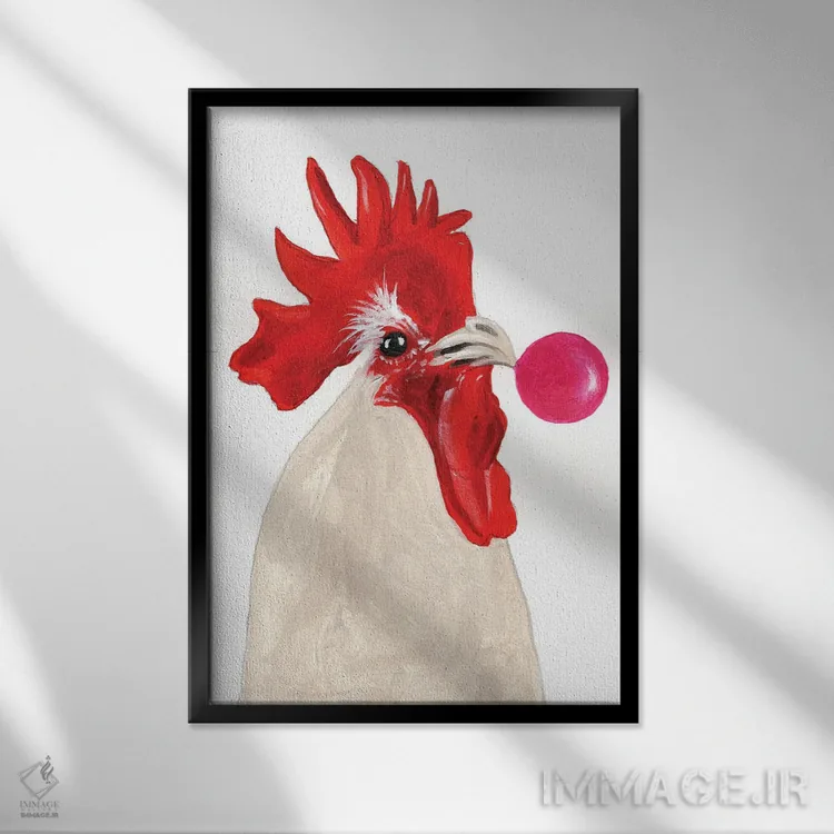 تابلو دکوراتیو خروس با آدامس بادکنکی اثر کوکو د پاریس - نمای قابدار مشکی