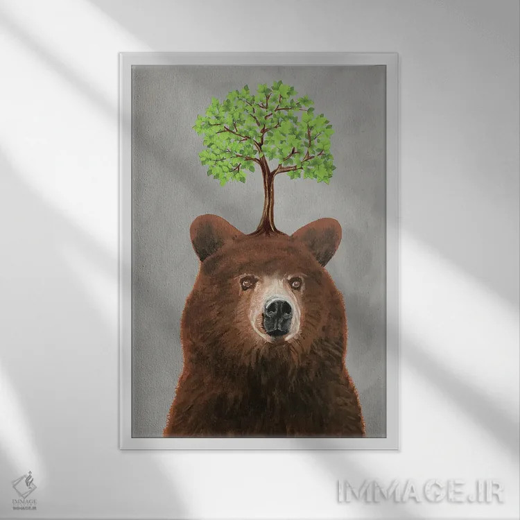 تابلو دکوراتیو خرس با یک درخت اثر کوکو د پاریس - نمای قابدار سفید