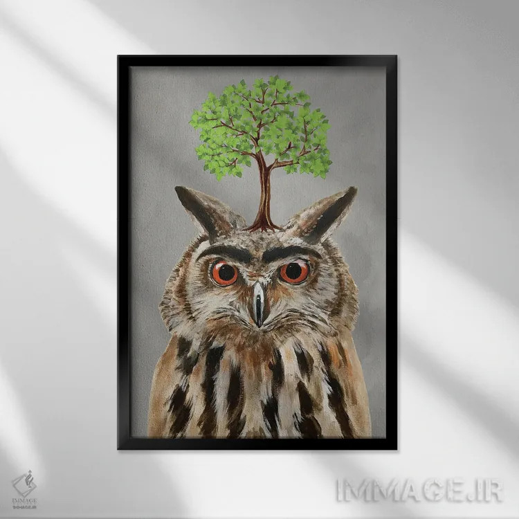 تابلو دکوراتیو جغد با یک درخت اثر کوکو د پاریس - نمای قابدار مشکی