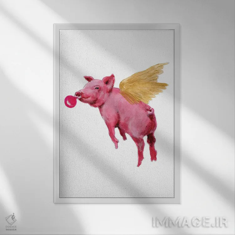 تابلو دکوراتیو خوک پرنده با آدامس بادکنکی اثر کوکو د پاریس - نمای قابدار سفید