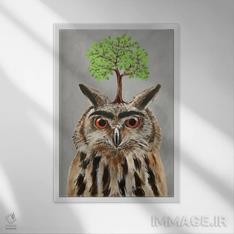 تابلو دکوراتیو جغد با یک درخت اثر کوکو د پاریس - نمای قابدار سفید