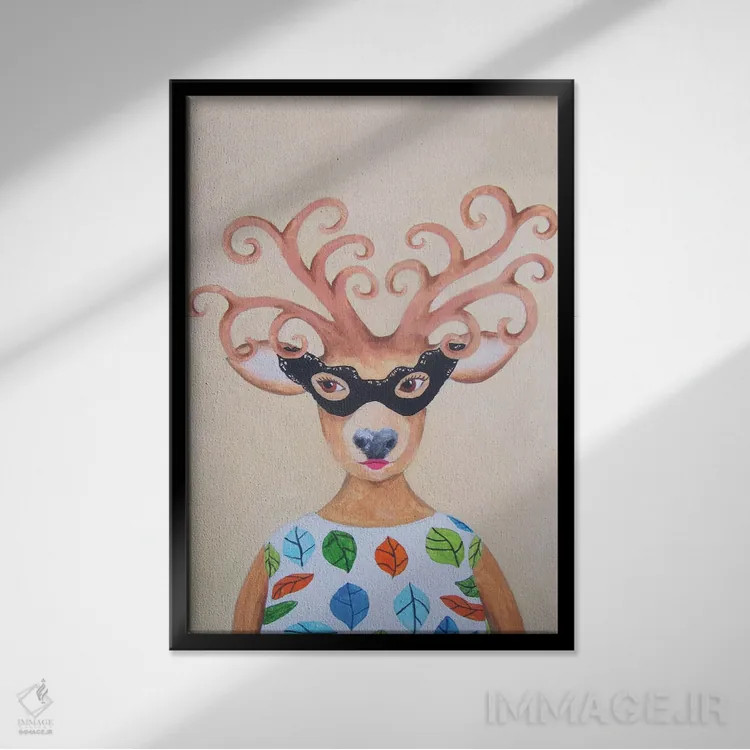 تابلو دکوراتیو بانوی گوزن نقاب دار اثر کوکو د پاریس - نمای قابدار مشکی