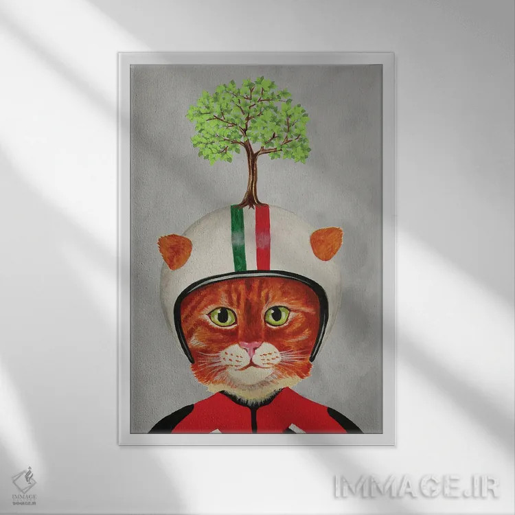 تابلو دکوراتیو گربه با کلاه ایمنی و درخت اثر کوکو د پاریس - نمای قابدار سفید