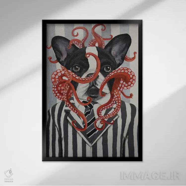 تابلو دکوراتیو بولداگ فرانسوی با هشت پا اثر کوکو د پاریس - نمای قابدار مشکی