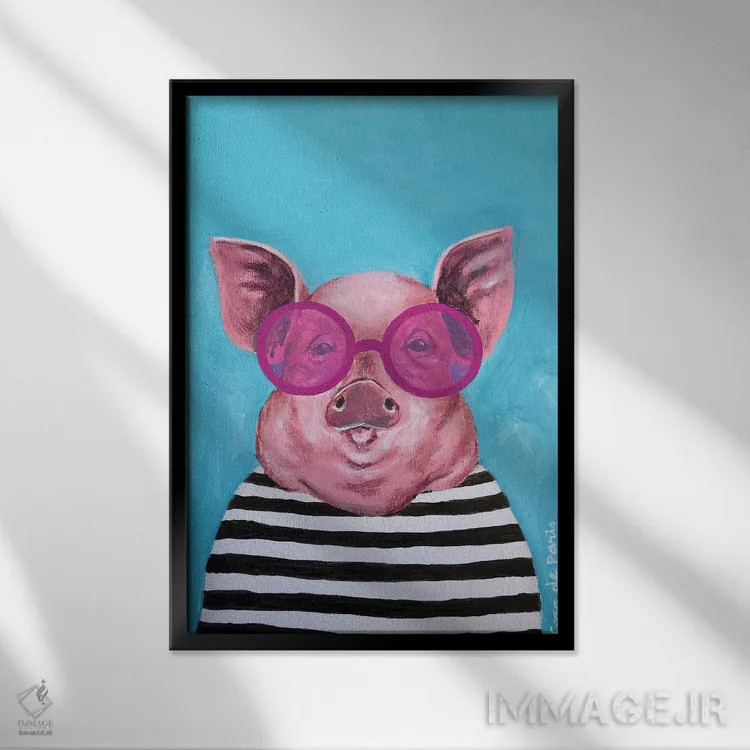 تابلو دکوراتیو خوک راه راه اثر کوکو د پاریس - نمای قابدار مشکی