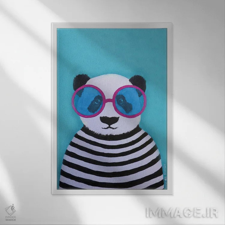 تابلو دکوراتیو پاندا راه راه با عینک آفتابی اثر کوکو د پاریس - نمای قابدار سفید
