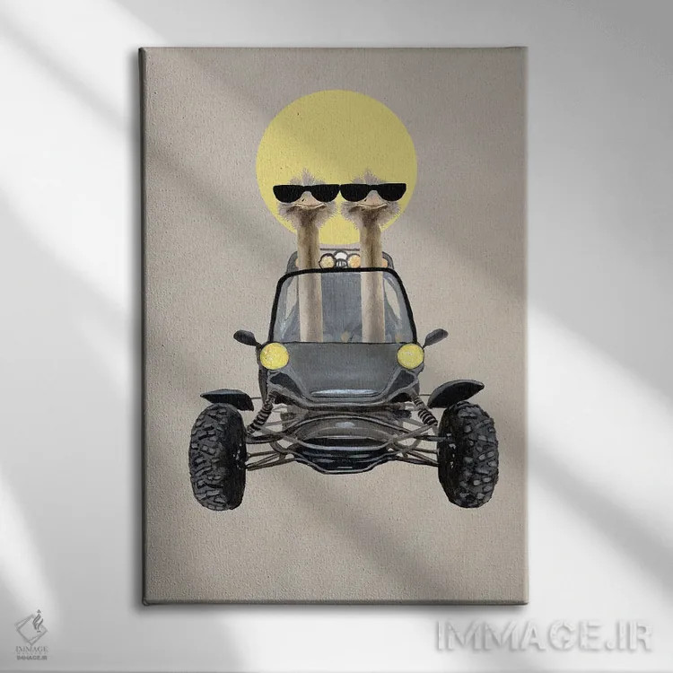 تابلو دکوراتیو شترمرغ ها در ماشین صحرایی اثر کوکو د پاریس - نمای روبهرو روی دیوار