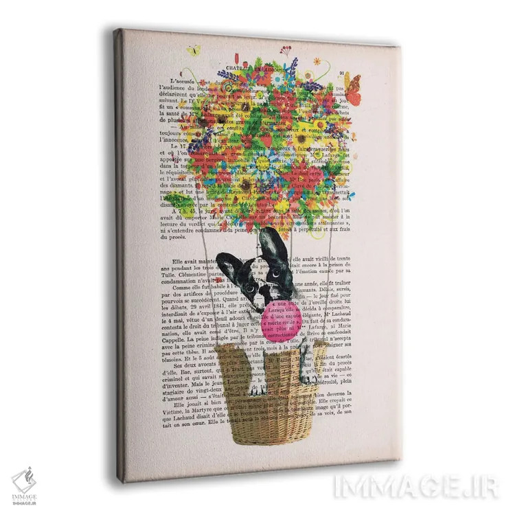 تابلو دکوراتیو بولداگ در بالون گل دار اثر کوکو د پاریس - نمای پرسپکتیو محصول