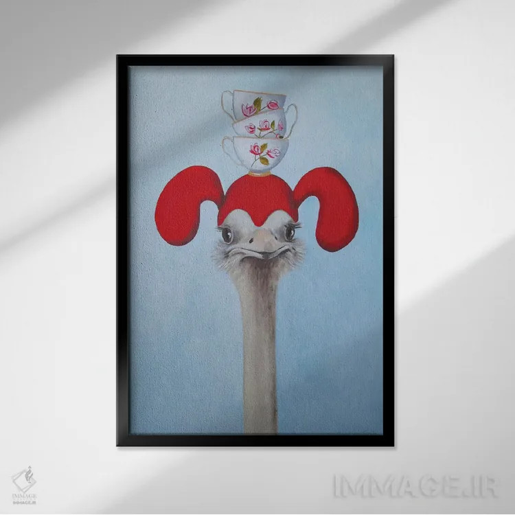تابلو دکوراتیو شترمرغ با فنجان های چای روی هم اثر کوکو د پاریس - نمای قابدار مشکی