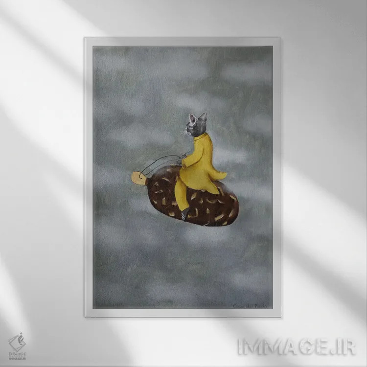 تابلو دکوراتیو گربه روی بستنی اثر کوکو د پاریس - نمای قابدار سفید