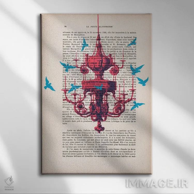 تابلو مدرن لوستر با پرندگان آبی اثر کوکو د پاریس - نمای روبهرو روی دیوار