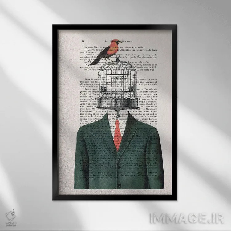 تابلو دکوراتیو مرد قفس پرنده اثر کوکو د پاریس - نمای قابدار مشکی