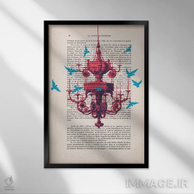 تابلو مدرن لوستر با پرندگان آبی اثر کوکو د پاریس - نمای قابدار مشکی