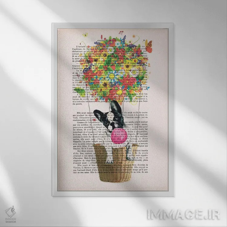 تابلو دکوراتیو بولداگ در بالون گل دار اثر کوکو د پاریس - نمای قابدار سفید