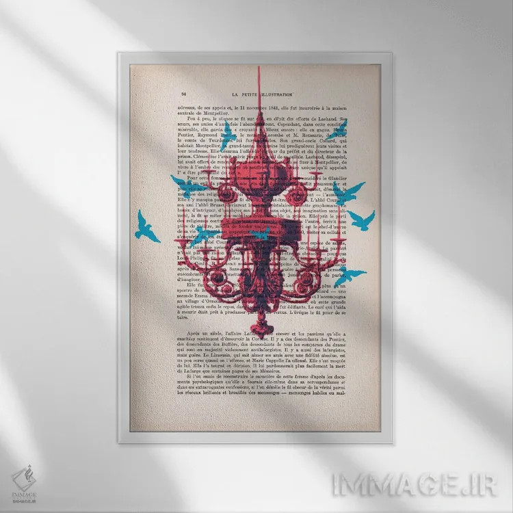 تابلو مدرن لوستر با پرندگان آبی اثر کوکو د پاریس - نمای قابدار سفید