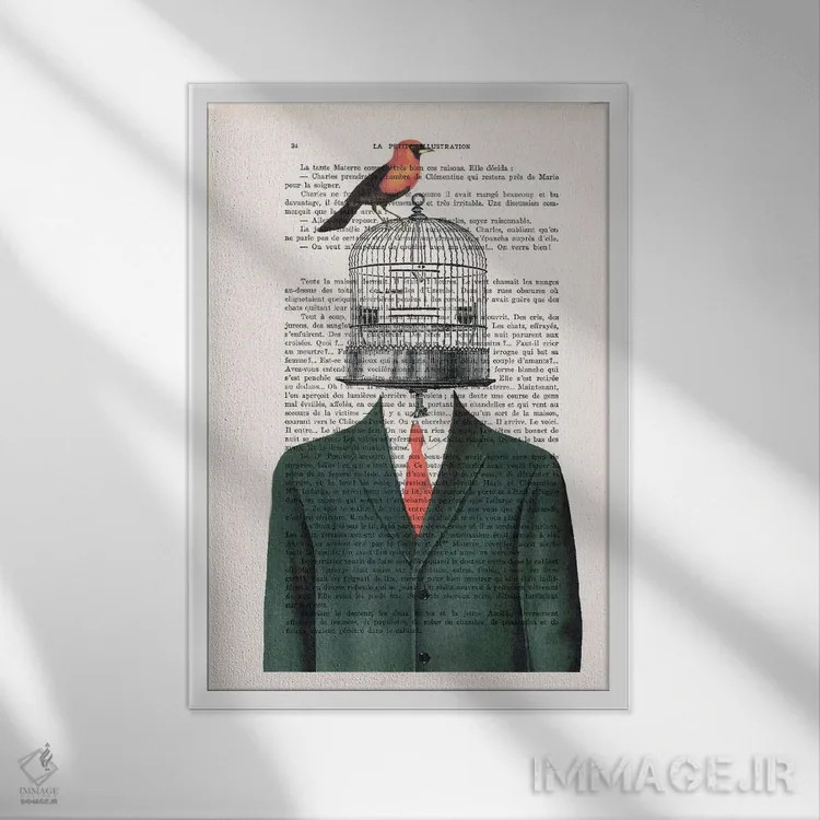 تابلو دکوراتیو مرد قفس پرنده اثر کوکو د پاریس - نمای قابدار سفید