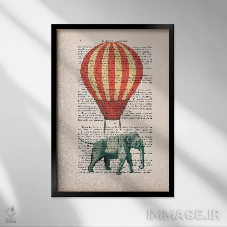 تابلو دکوراتیو فیل با بالون هوای گرم اثر کوکو د پاریس - نمای قابدار مشکی