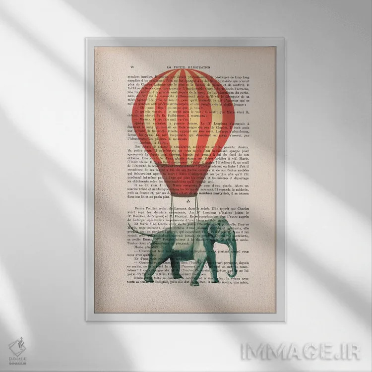 تابلو دکوراتیو فیل با بالون هوای گرم اثر کوکو د پاریس - نمای قابدار سفید