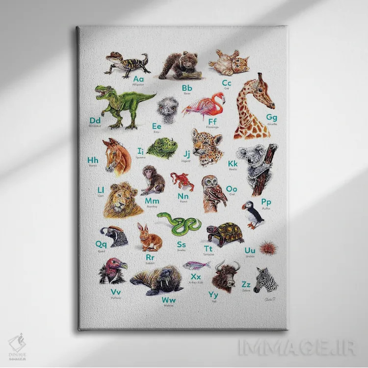 تابلو دکوراتیو حیوانات الفبا اثر چارلی اوشیلدز - نمای روبهرو روی دیوار