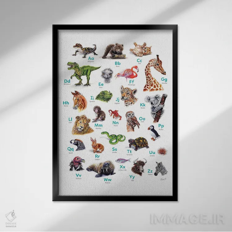 تابلو دکوراتیو حیوانات الفبا اثر چارلی اوشیلدز - نمای قابدار مشکی