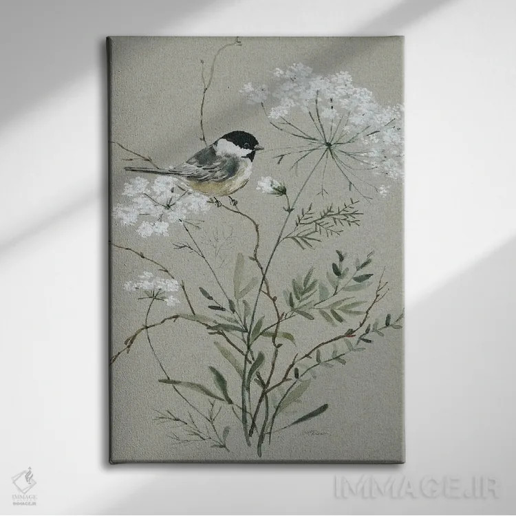 تابلو مدرن دسته گل بخشش و پرنده I اثر کارول رابینسون - نمای روبهرو روی دیوار
