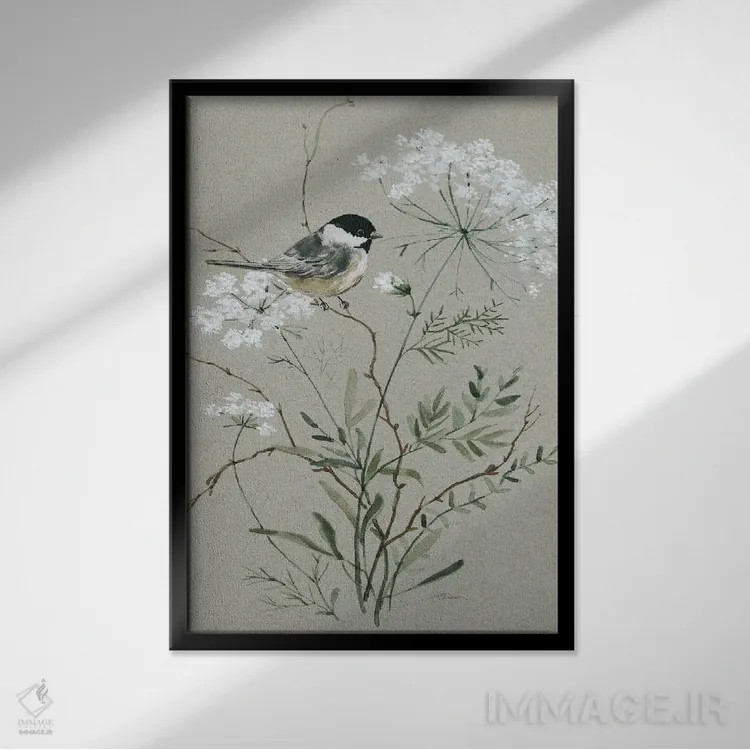 تابلو مدرن دسته گل بخشش و پرنده I اثر کارول رابینسون - نمای قابدار مشکی