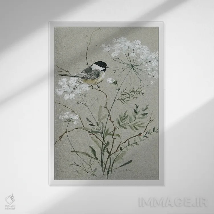 تابلو مدرن دسته گل بخشش و پرنده I اثر کارول رابینسون - نمای قابدار سفید