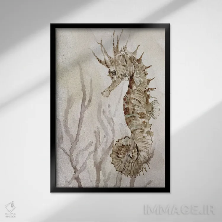 تابلو دکوراتیو اسب دریایی خنثی II اثر کارول رابینسون - نمای قابدار مشکی