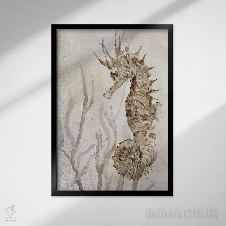 تابلو دکوراتیو اسب دریایی خنثی II اثر کارول رابینسون - نمای قابدار مشکی