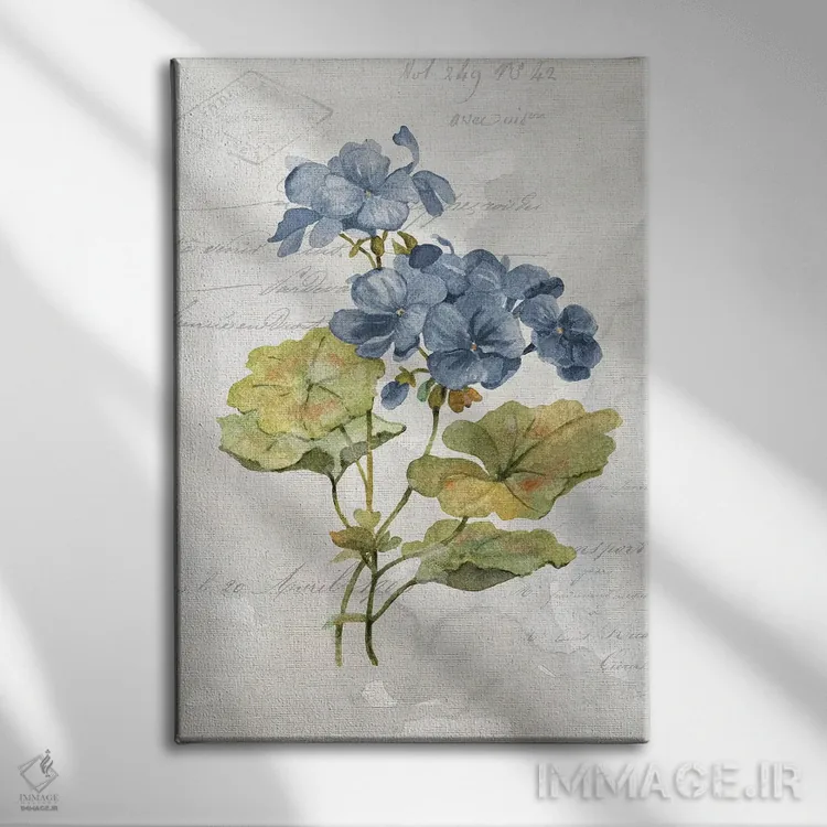 تابلو مدرن شمعدانی پارچه کتان آبی اثر کارول رابینسون - نمای روبهرو روی دیوار