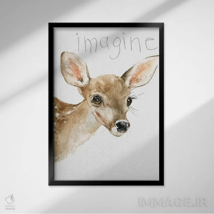 تابلو دکوراتیو گوزن بچه پشمالوی جنگلی اثر کارول رابینسون - نمای قابدار مشکی