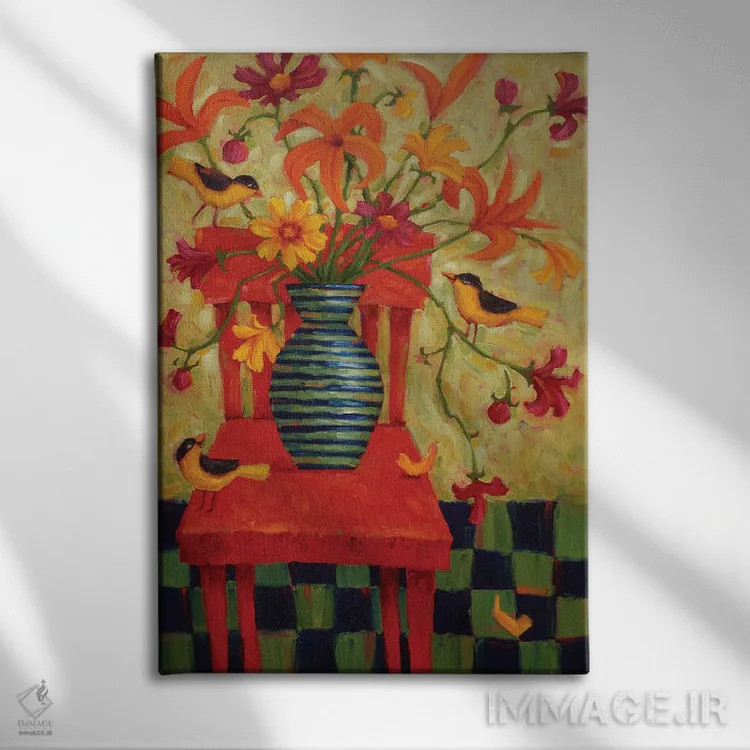 تابلو دکوراتیو ملودی گل ها بر زمینه قرمز اثر سیندی رول - نمای روبهرو روی دیوار