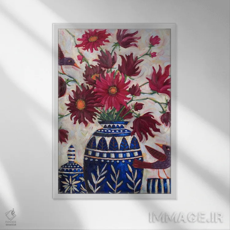 تابلو دکوراتیو سمفونی در جگری و آبی کبالت اثر سیندی رول - نمای قابدار سفید