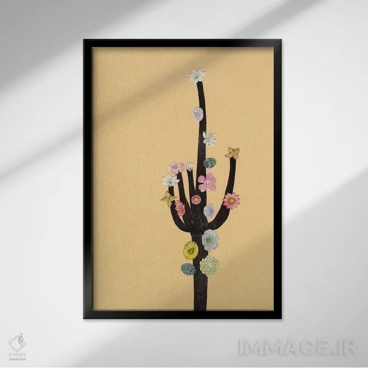 تابلو دکوراتیو کاکتوس گلدار اثر کاسیا بک - نمای قابدار مشکی