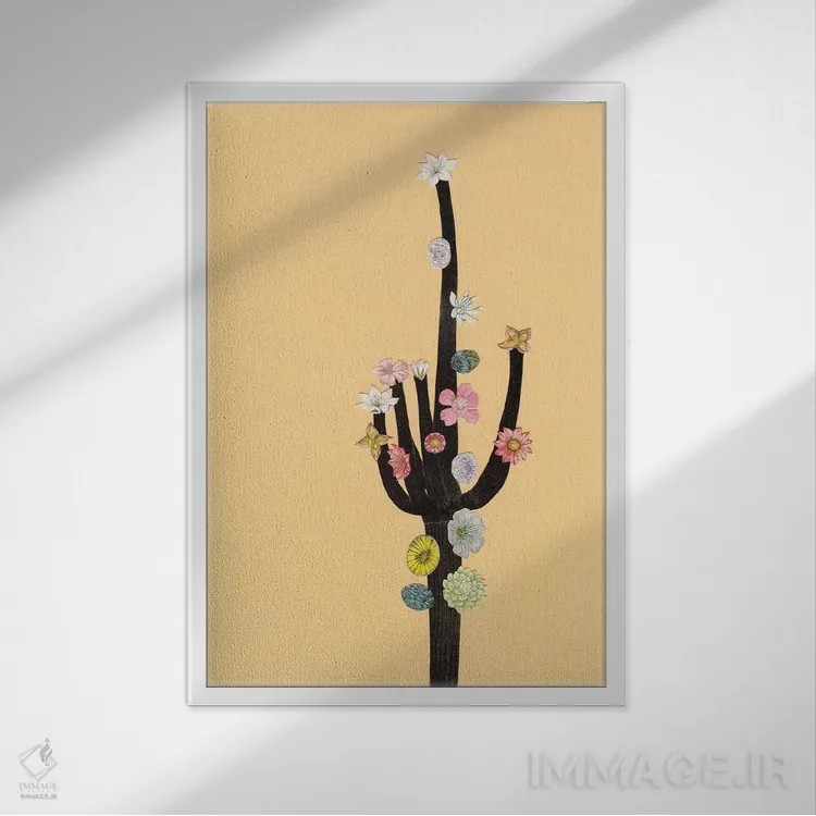 تابلو دکوراتیو کاکتوس گلدار اثر کاسیا بک - نمای قابدار سفید