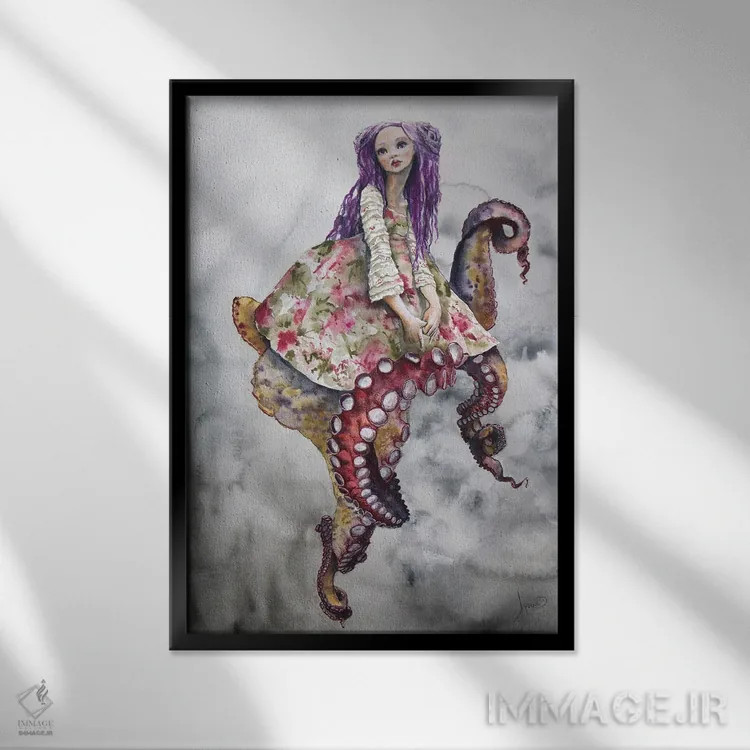 تابلو دکوراتیو دختر هشت پا اثر کریس جیمز - نمای قابدار مشکی