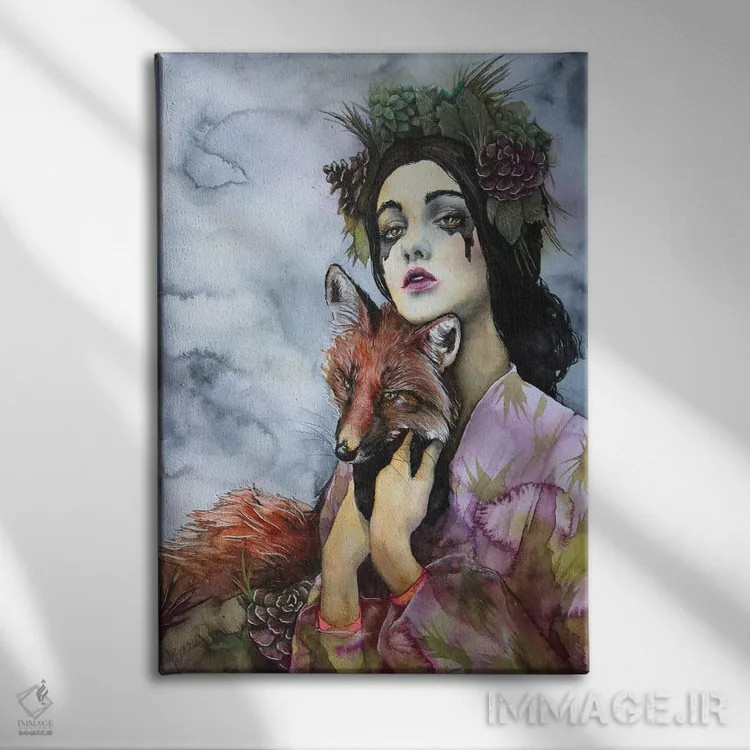 تابلو دکوراتیو بانو و روباه اثر کریس جیمز - نمای روبهرو روی دیوار