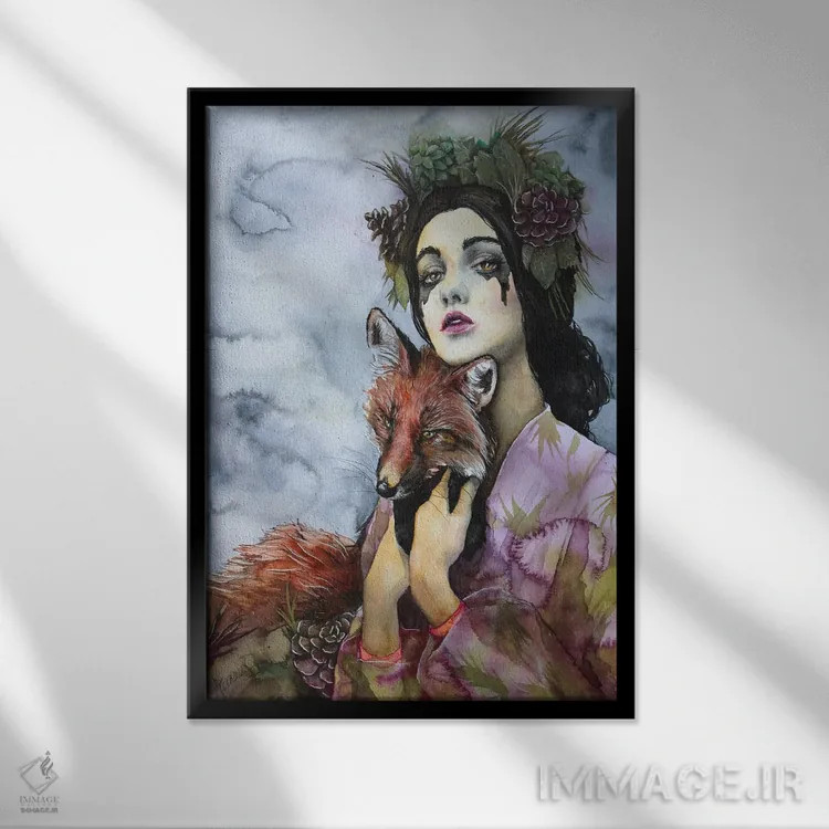 تابلو دکوراتیو بانو و روباه اثر کریس جیمز - نمای قابدار مشکی