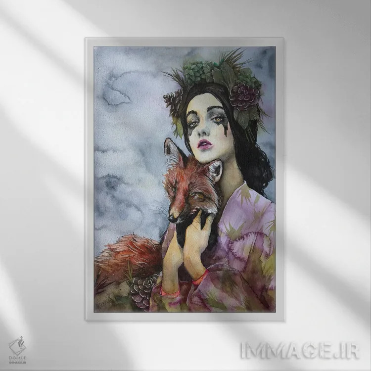تابلو دکوراتیو بانو و روباه اثر کریس جیمز - نمای قابدار سفید