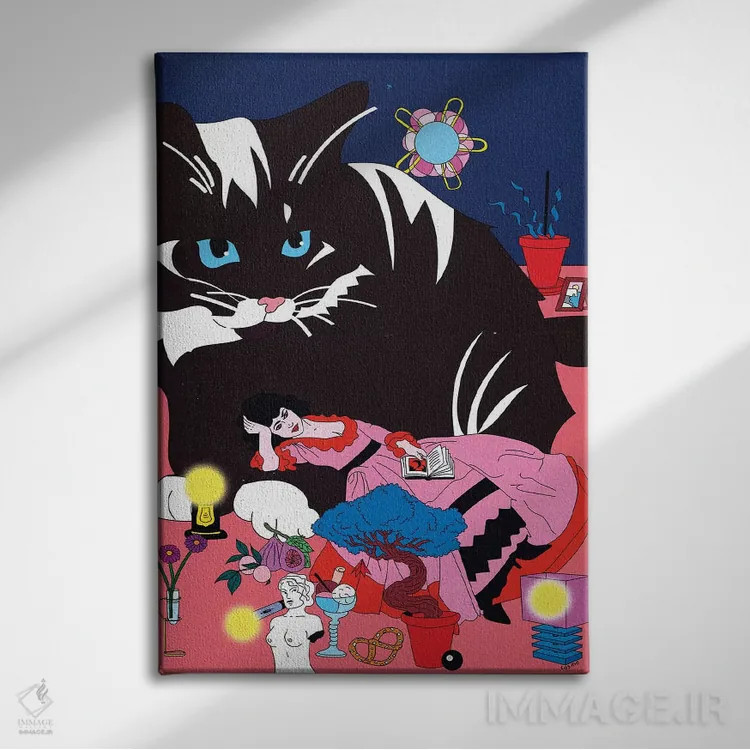 تابلو دکوراتیو گربه ای که دراز کشیده اثر کازمو - نمای روبهرو روی دیوار