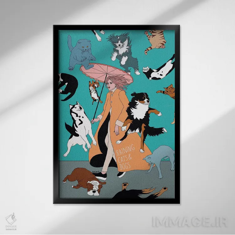 تابلو دکوراتیو گربه ها و سگ ها اثر کازمو - نمای قابدار مشکی