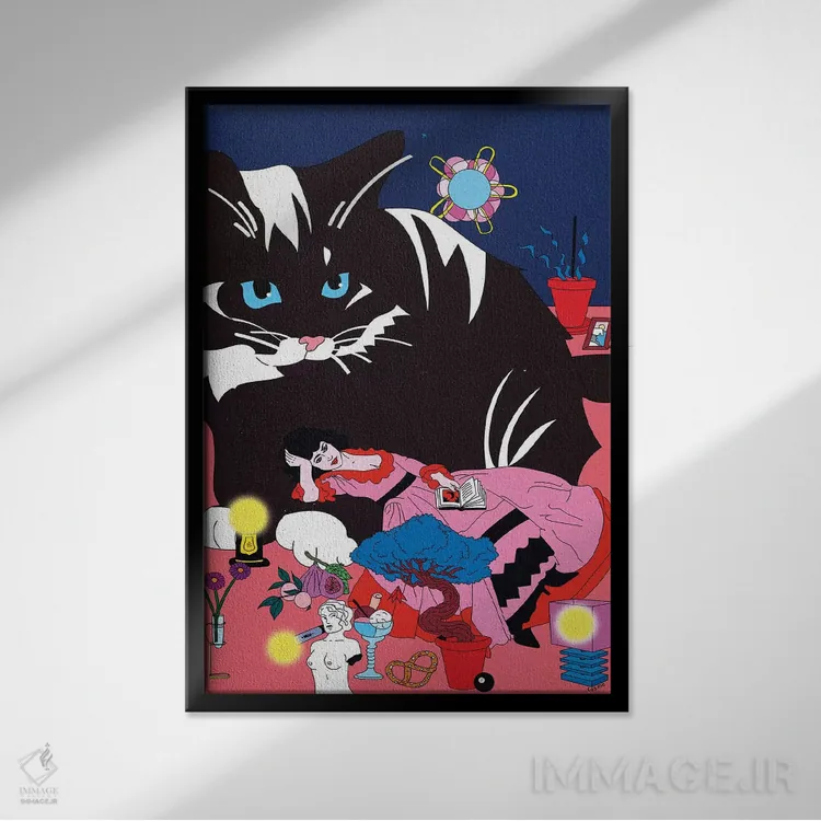 تابلو دکوراتیو گربه ای که دراز کشیده اثر کازمو - نمای قابدار مشکی