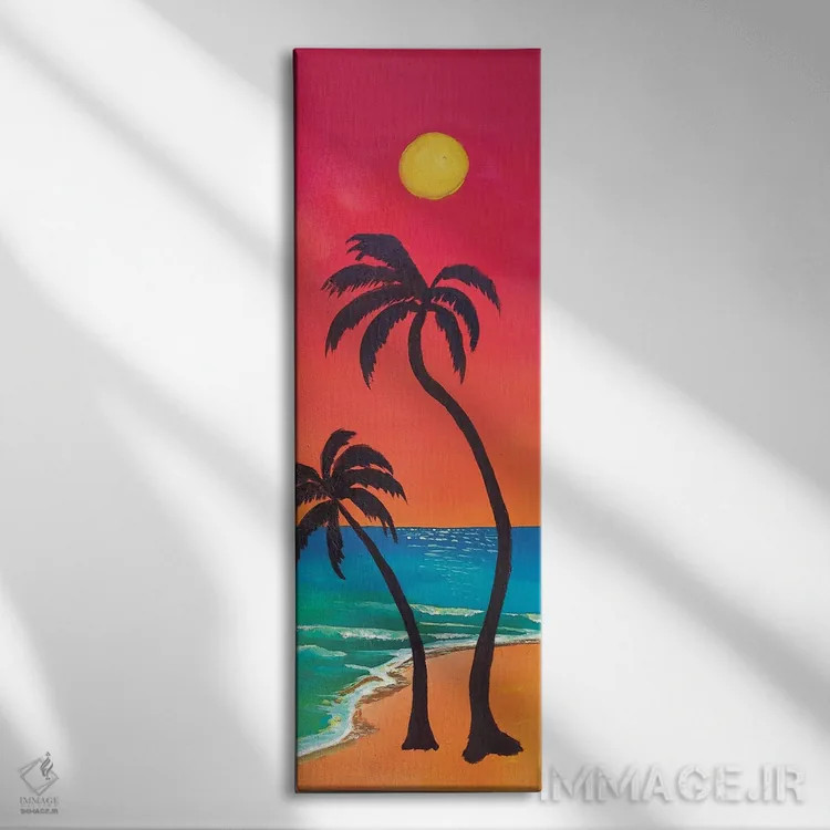 تابلو دکوراتیو زندگی ساحلی با نخل ها، امواج و غروب آفتاب اثر مارکوس و مارتینا بلیشنر - نمای روبهرو روی دیوار