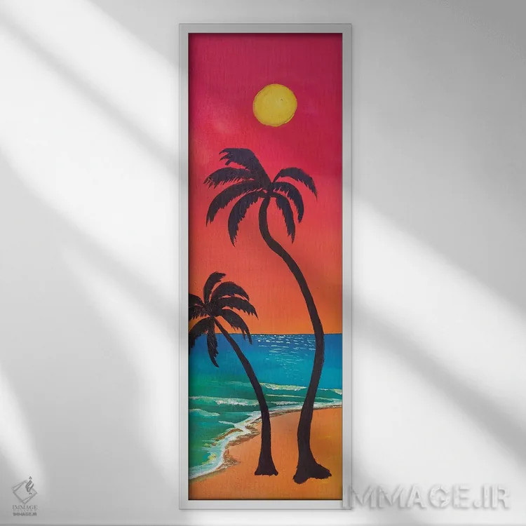 تابلو دکوراتیو زندگی ساحلی با نخل ها، امواج و غروب آفتاب اثر مارکوس و مارتینا بلیشنر - نمای قابدار سفید