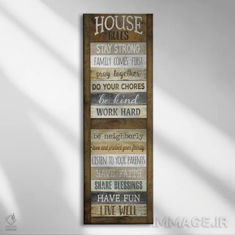 تابلو دکوراتیو قوانین خانه اثر مارلا ری - نمای روبهرو روی دیوار